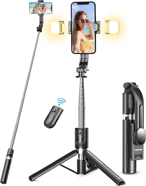 Tupwoon Selfie Stick Tripod with 2 Fill Lights Extra Long 45 inch Phone Tripod with Detachable Remote, Compatible with Smartphone, Action Camera, GoPro