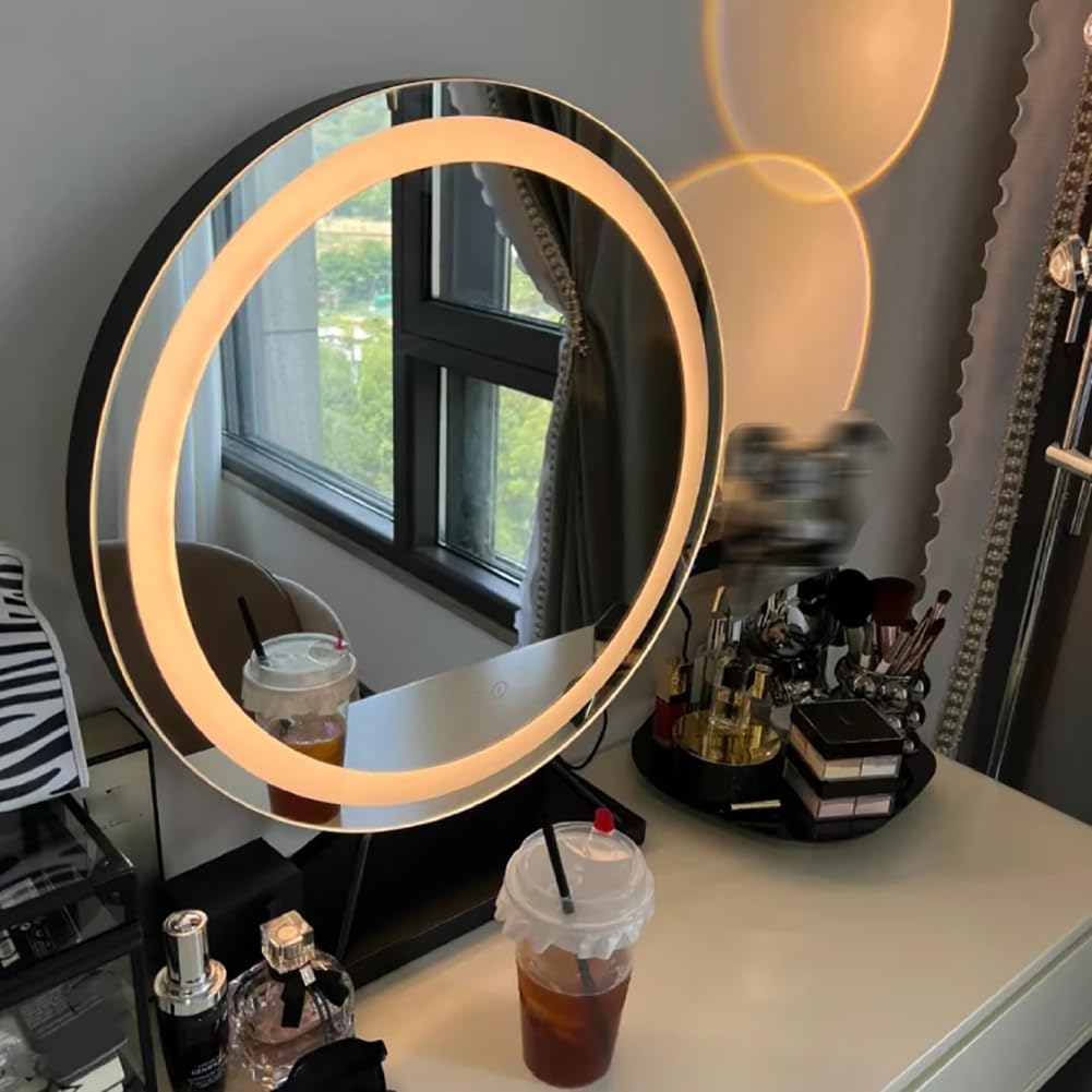 Tabletop Make -Up -Spiegel Mit LED -Licht, Abgerundeter Schreibtisch/Kommode Waschtisch Make -Up -Spiegel, Moderner Beleuchteter Spiegel Für Frau, Geburtstag Hochzeitsgeschenk,Schwarz,50cm