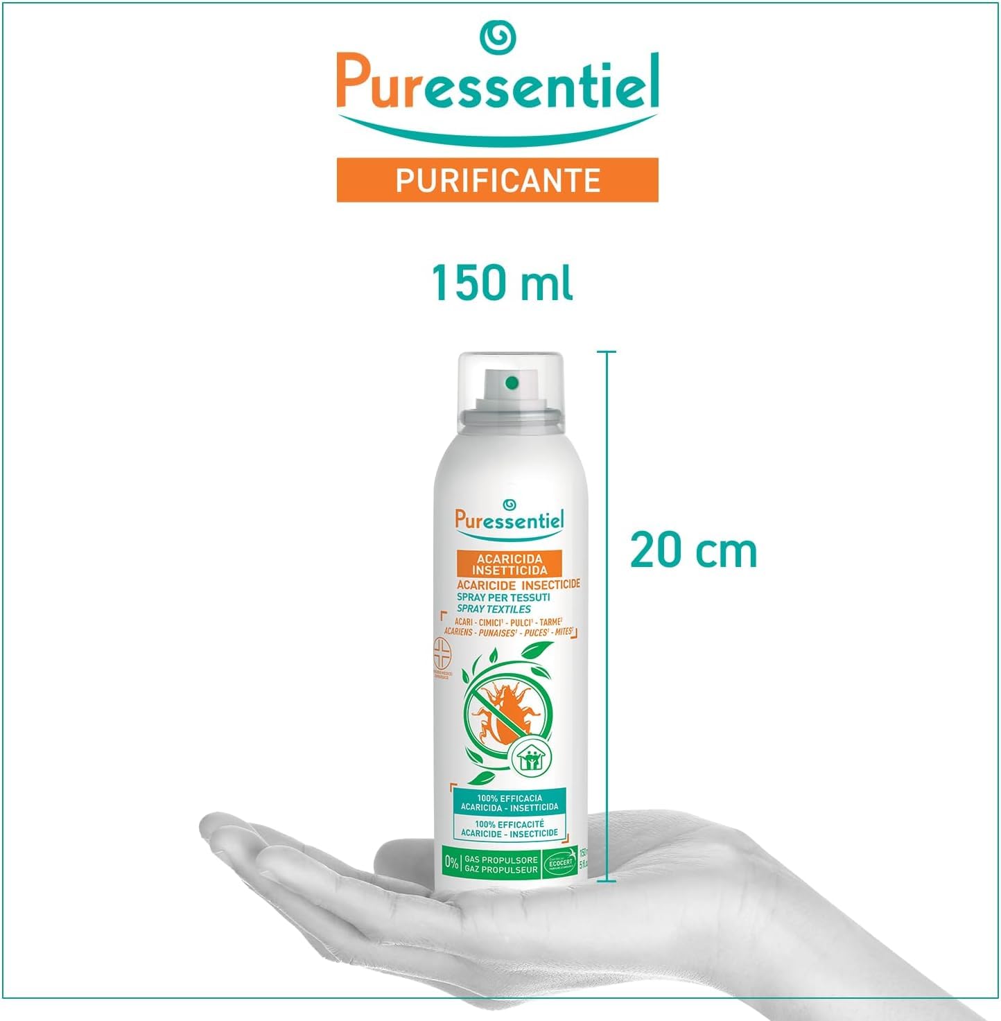 N.2 Acaricida Spray Insetticida da 150ml per tessuti, Presidio Medico Chirurgico, Profumo fresco e gradevole