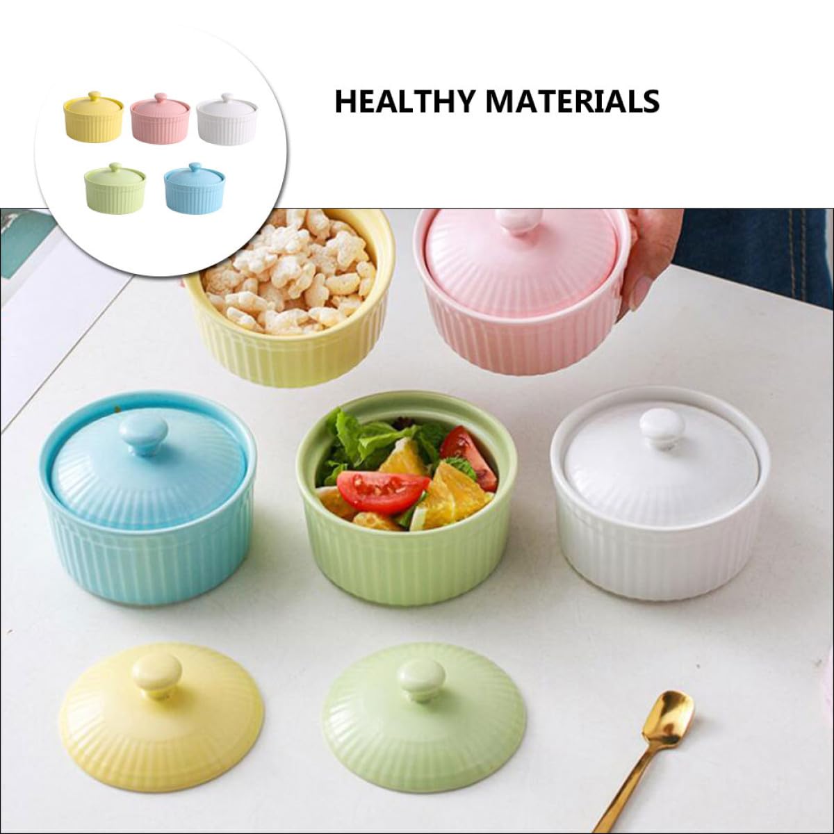COLLBATH Juego de 5 Tazones de Cerámica para Postres y Pudín con Tapa, Colores Surtidos (,), Aptos para Horno y Microondas, Vajilla Multiusos para Repostería y Cocina Diaria