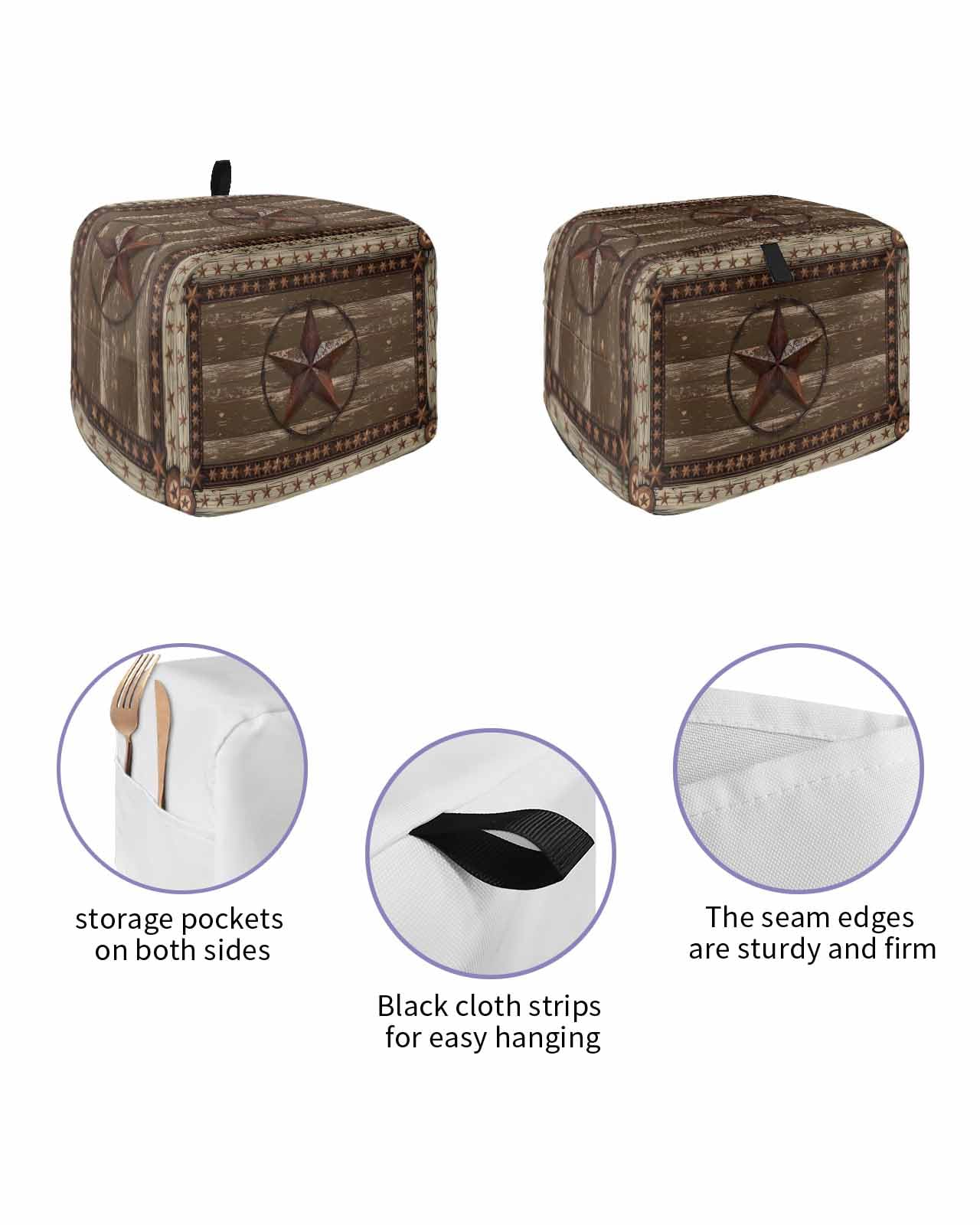 Texas Star Brown Toaster Cover 4 Slice, Farmhouse Vintage Wood Grain Dustproof Bread Machine Oven Cover with Storage Pockets, Fits Most Kitchen Toasters Protector