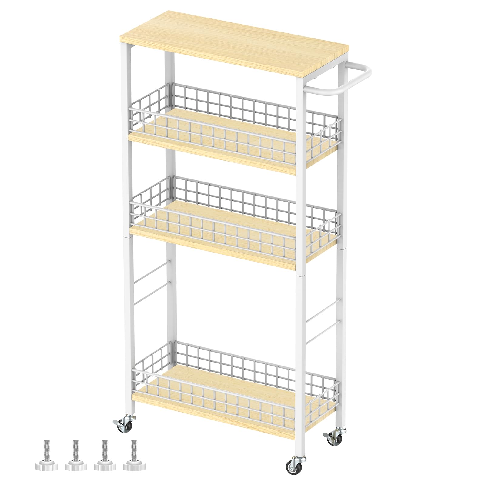 Carrito de cocina estrecho con ruedas y mesa de madera de 4 niveles