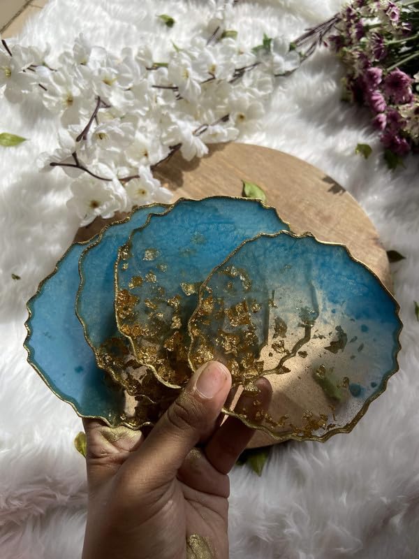 Artlia Resin Coasters Dining Table Set of 4,(4'' Diameter Ideal for Gifting (Birthdays,Anniversaries,Weddings),Enhancing Home Decor,Gifts,and Special Occasions,Handcrafted Coasters (Metallic Blue)
