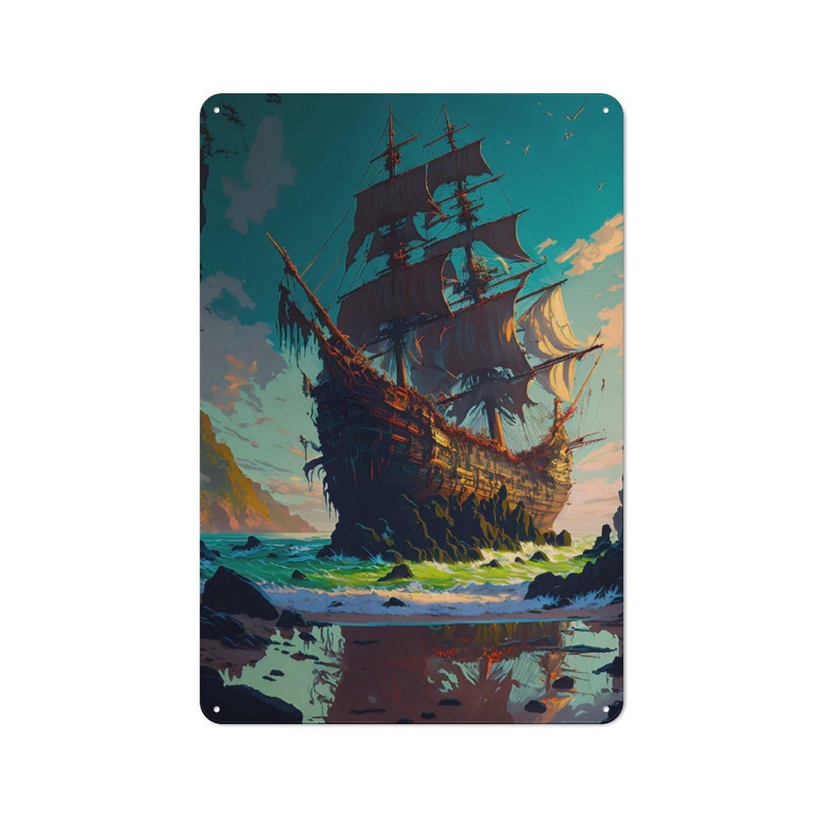 Junmoney Fantasy Pirate Ship Flag Metal Gift Sign 30X20cm, Retro Home Wall Decor For Home, Shop, Pub Or Studio Wall