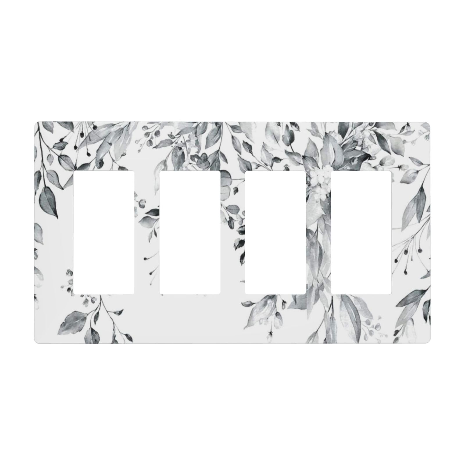 White/Grey Sage Eucalyptus Leaves 4 Gang Quad Rocker/GFCI/Decorator Light Switch Cover Plate Decorative Electric Quadruple Faceplate Switchplate Screwless