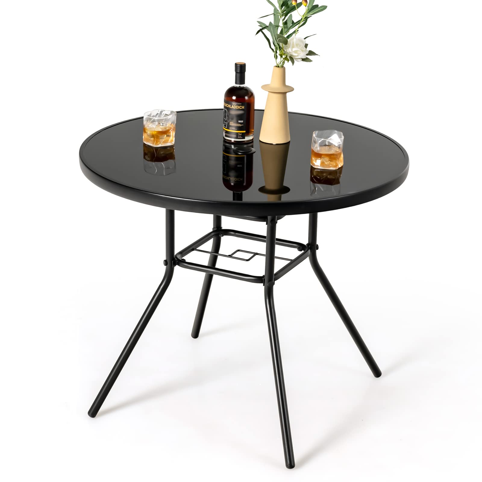 COSTWAY Tavolo Rotondo da Giardino con Buco per Ombrellone, Tavolo da Esterno in Vetro Temperato Struttura in Metallo, Tavolino per Balcone, Terrazza, Sala Pranzo e Soggiorno, 86 x 86 x 71 cm, Nero