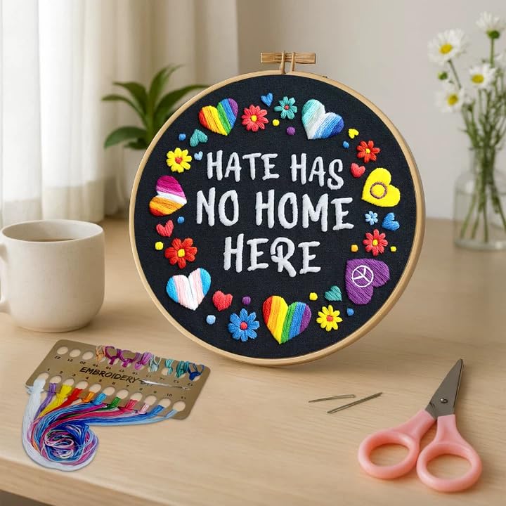 Image of Nuberlic Embroidery Kit for Beginners - LGBT Love Pattern Adults Starter Cross Stitch Kit DIY Needlepoint with Hoop, Pre-Printed Fabric, Threads & Step-by-Step Guide