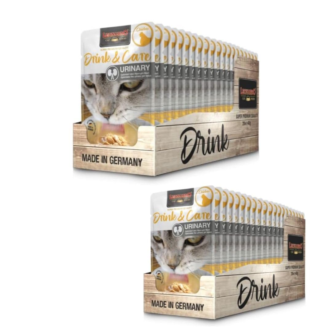 Leonardo Drink Urinary Care Pollo [Pack 2 Cajas De 20x40g Total 40 Sobres] Bebida para Gato | Caldo de Carne con Tiras | Alimento complementario para Gatos
