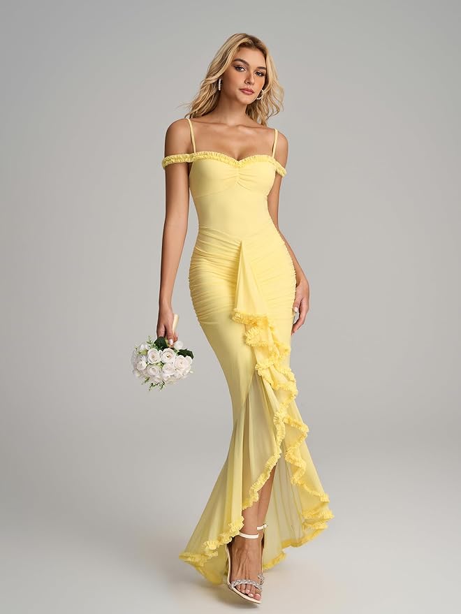 KUTUMAI Women Ruffle Bodycon Maxi Dress Ruched Long Formal Cocktail Wedding Guest Dresses