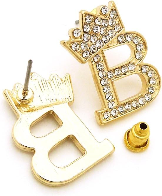 Fashion 21 Unisex Small Size Pave Initial Alphabet Letter Pendant 24" Box Chain Necklace & Earring Set (B Set/Gold)