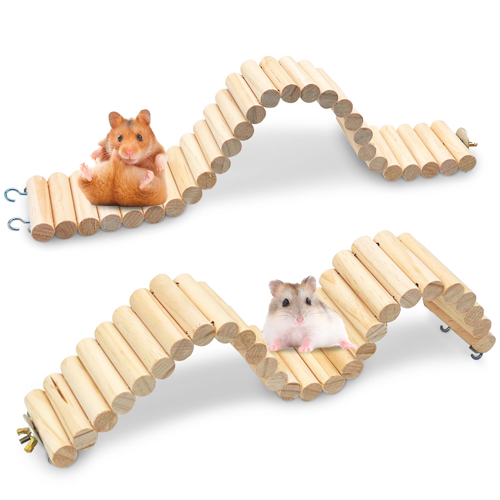 kathson 2Pcs Wooden Hamster Suspension Ladder Bridge,Bendable Long Climbing Ladders Pet Cage Toy Accessories Hideout Natural Chew Balls for Mouse