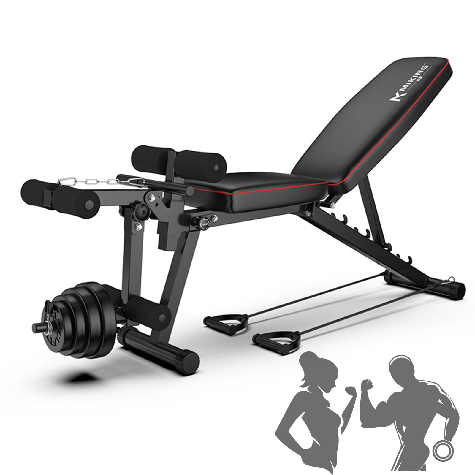 Banco de Abdominales y Pierna Ajustable en 5 Posición Banco de Gimnasio Capacidad de Peso 200KG con 2 Bandas de Entrenamiento para Plano Declinado Inclinado Sit Up