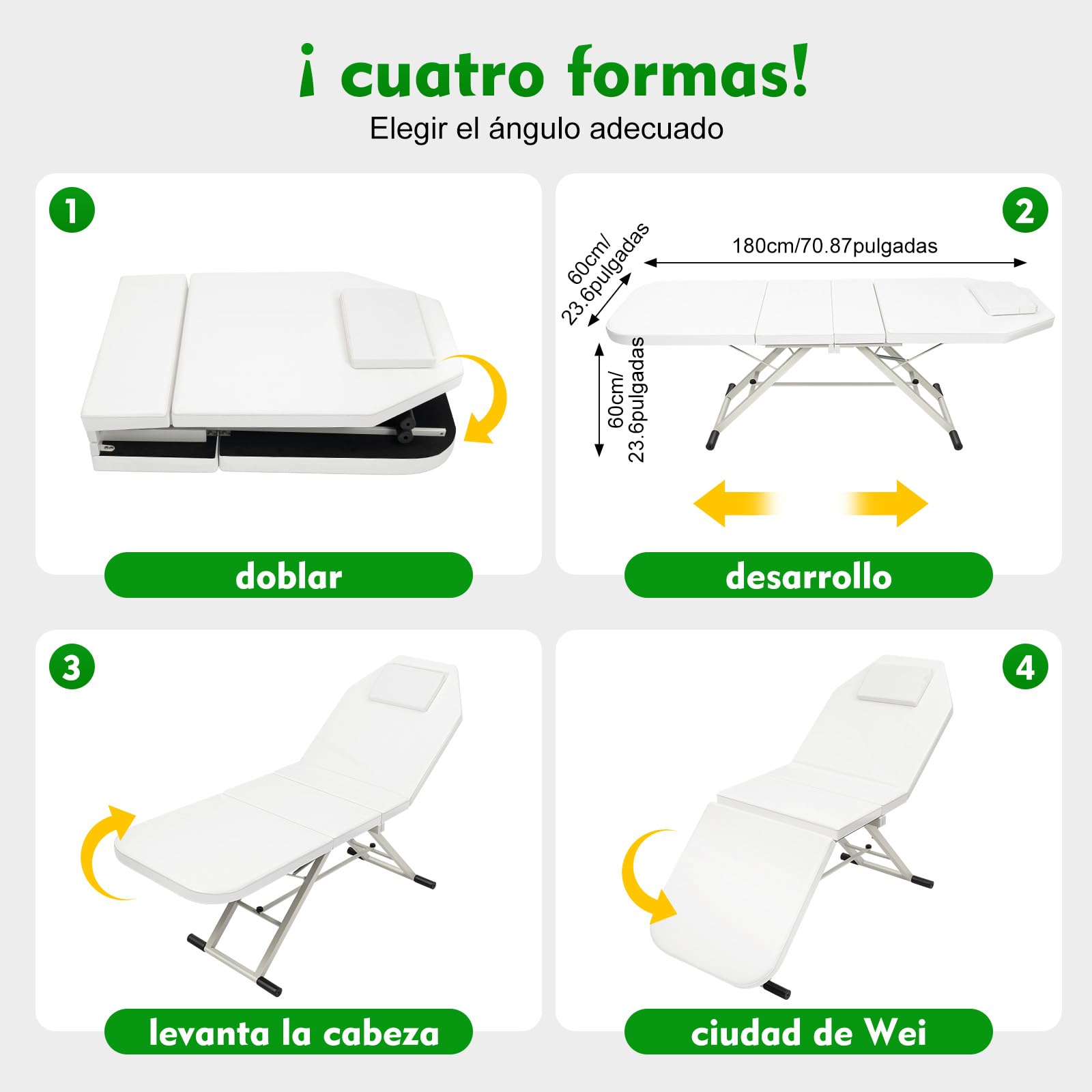 Camilla de masaje portátil plegable con 3 zonas con reposacabezas, mesa de masaje ajustable de acero, capacidad de carga 250 kg, para spa salón de belleza tatuaje, cama plegable (blanco)