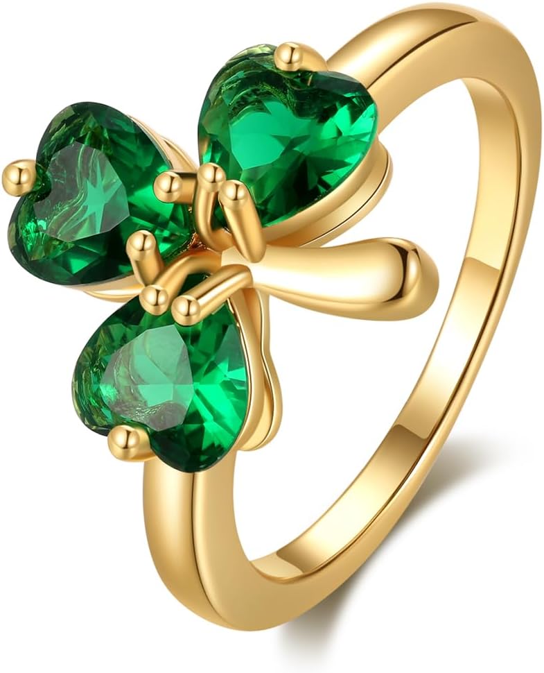 unique corn 14K Gold Plated Lucky Green Shamrock Heart Cubic Zirconia Statement Ring for Women, Irish Promise Engagement Wedding Band St. Patrick’s Day Jewelry Gift Size 6-10