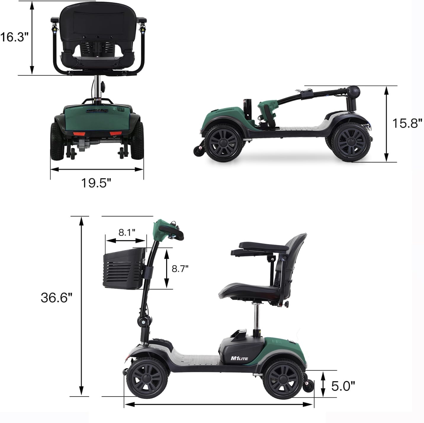 Electric Mobility Scooter for Adults Seniors Wheelchair Device for Travel 4 Wheel Folding Scooter with Seat-300 lbs Max Weight Long Range Power Extended Battery with Charger and Basket - Green