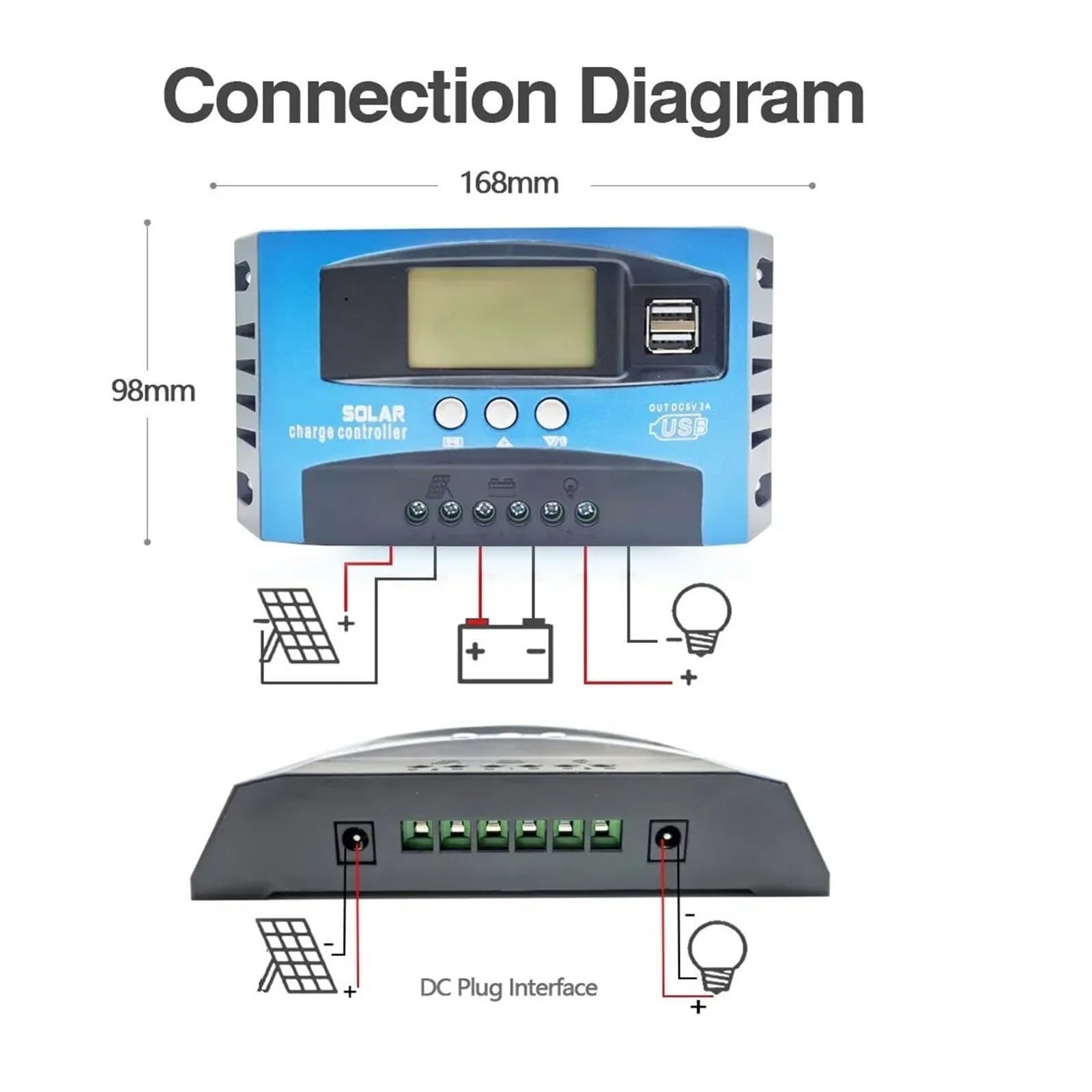 Regolatore di carica solare, Regolatore di carica solare con doppio USB, display LCD, regolatore for pannello da 12 V a 24 carico(100A)