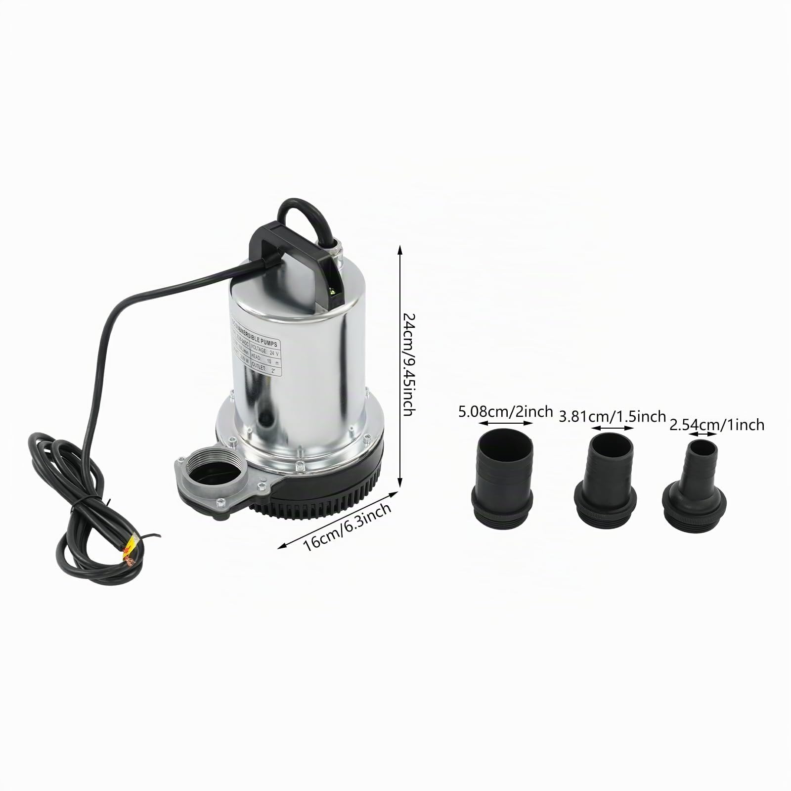 Bomba sumergible de acero inoxidable de 24 V y 200 W, con salida de 2 pulgadas y 3 adaptadores de manguera, altura de extracción: 10 m, 100 L/min