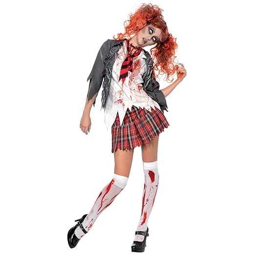 Costumes pour femmes Smiffy 32929 Costume d'écolière zombie d'horreur du lycée, veste, chemise attachée, cravate et jupe, horreur du lycée
