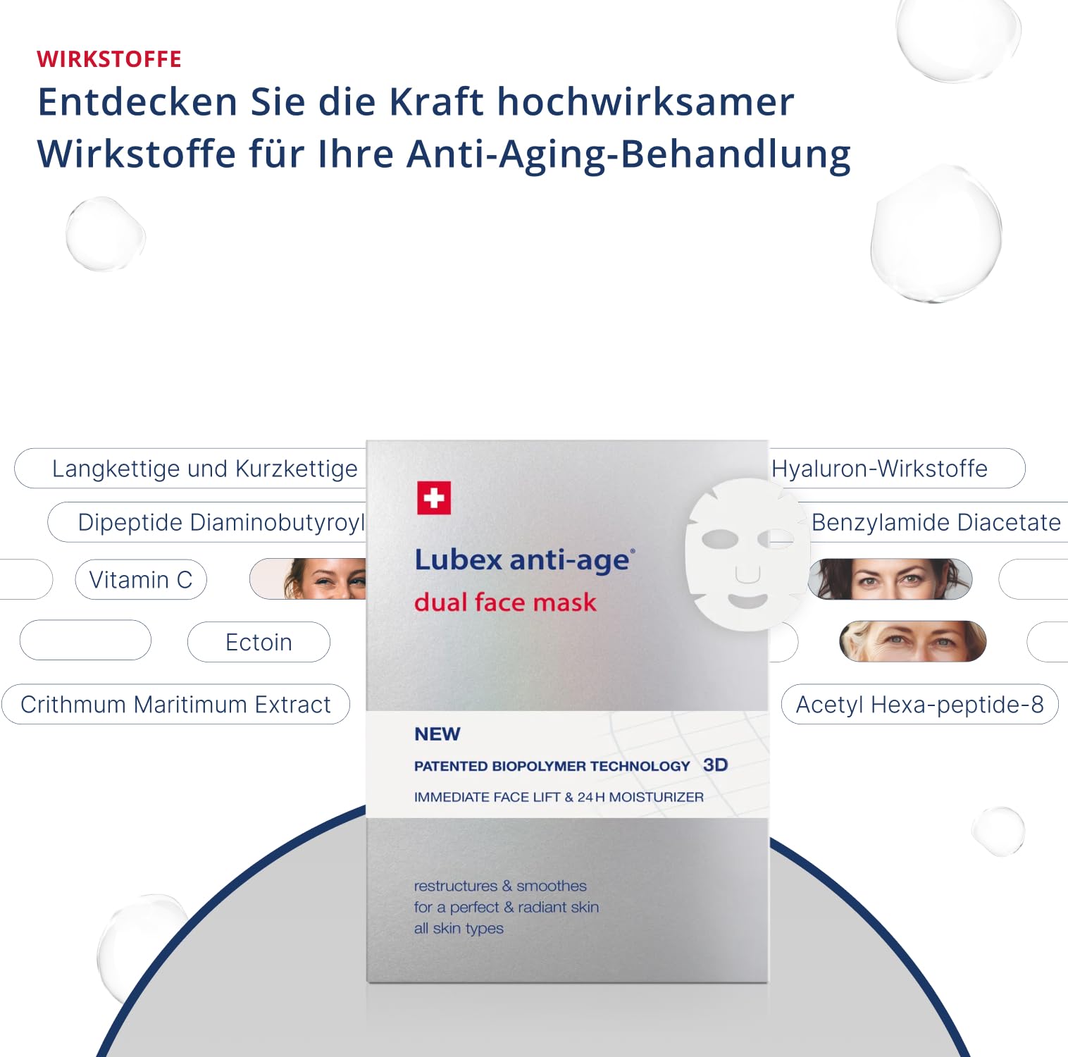 Dual Face Mask - Maschera viso a 2 fasi con biopolimero 3D, rassodante istantaneo, idratazione per 24 h, esapeptidi e vitamina C, dermatologicamente testata, 2 x 1 maschera in tessuto