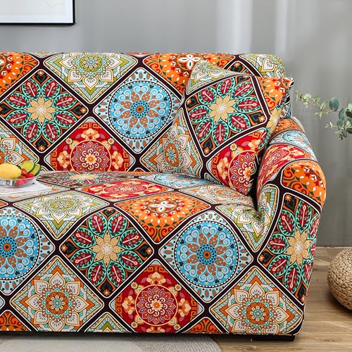 Image of Story@Home Sofa Cover 3 Seater Fully Covered | Stretchable Polyester Spandex Elastic Sofa Cover 3 Seater | Orange Motif Design 3 Seater Sofa Cover for Living Room & Create Your Own Customized Set