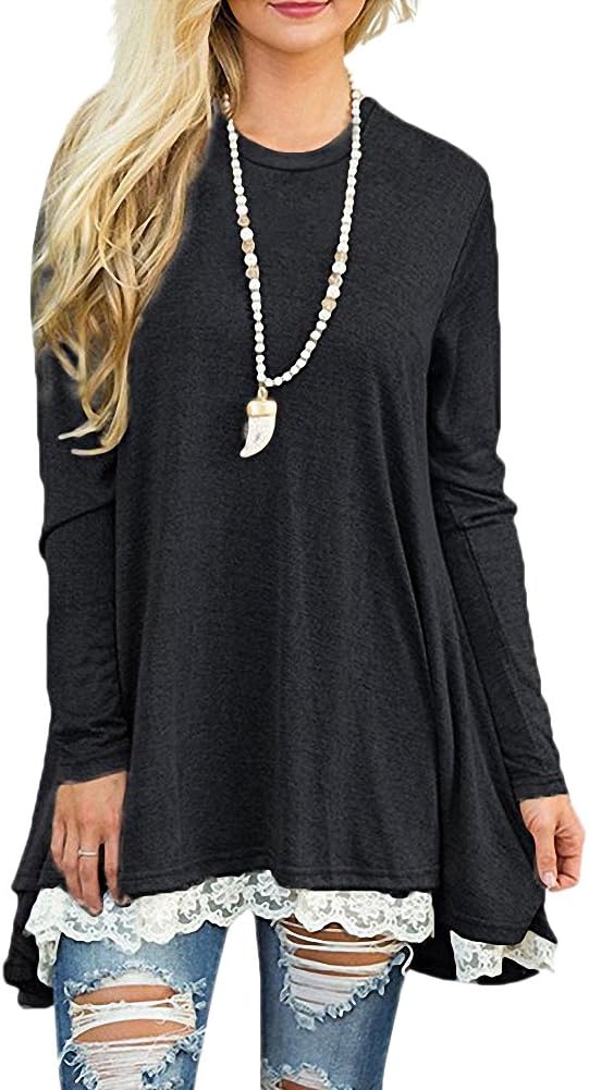 Afibi Women Lace Long Sleeve A-line Swing T-Shirt Loose Tunic Top Blouse