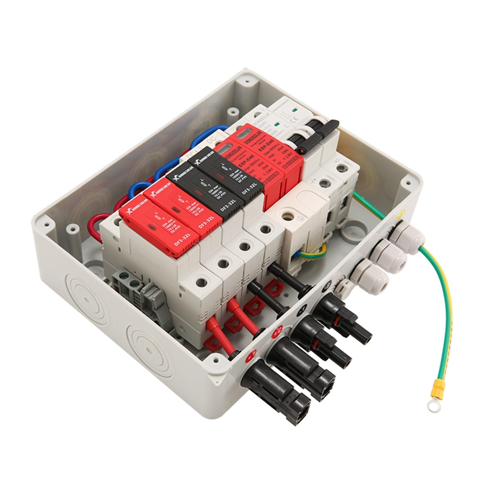 Quadro di combinazione fotovoltaico solare con protezione contro i fulmini, 2 ingressi, 1 uscita, DC 600 V, fusibile MCB SPD, scatola impermeabile a 2 stringhe, IP65(16A DC MCB)