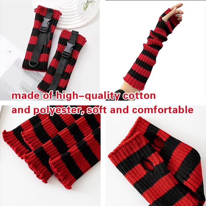 Y2k Leg Socks Arm Sleeve for Women, Red Black Knitted Striped Arm Warmers Leg Warmers 80s Outfit Grunge Accessories4