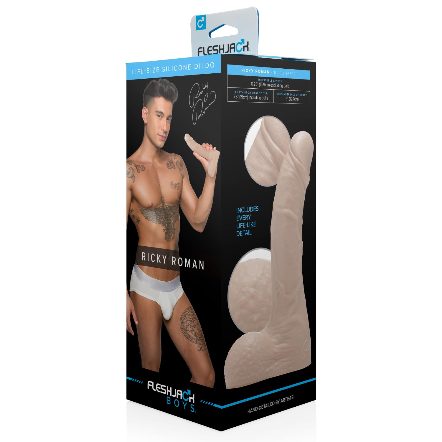 Fleshjack - Ricky Roman - Dildo Realista - Consolador para Hombres - Textura Silicona Curada con Platino - Longitud Total 8,50" e Insertable 7" - Tacto Suave - Versatilidad de Uso - Fácil de Limpiar