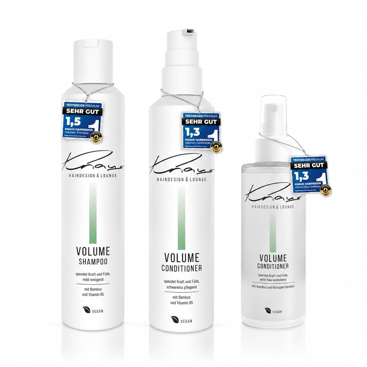 Knaus Volume Set 3-teilig - Friseur Shampoo Conditioner und Energy Spray mit Bambus, Vitamin B5 und Keratin für feines Haar, gegen kraftloses dünnes Haar, vegan, 2x200ml plus 100ml