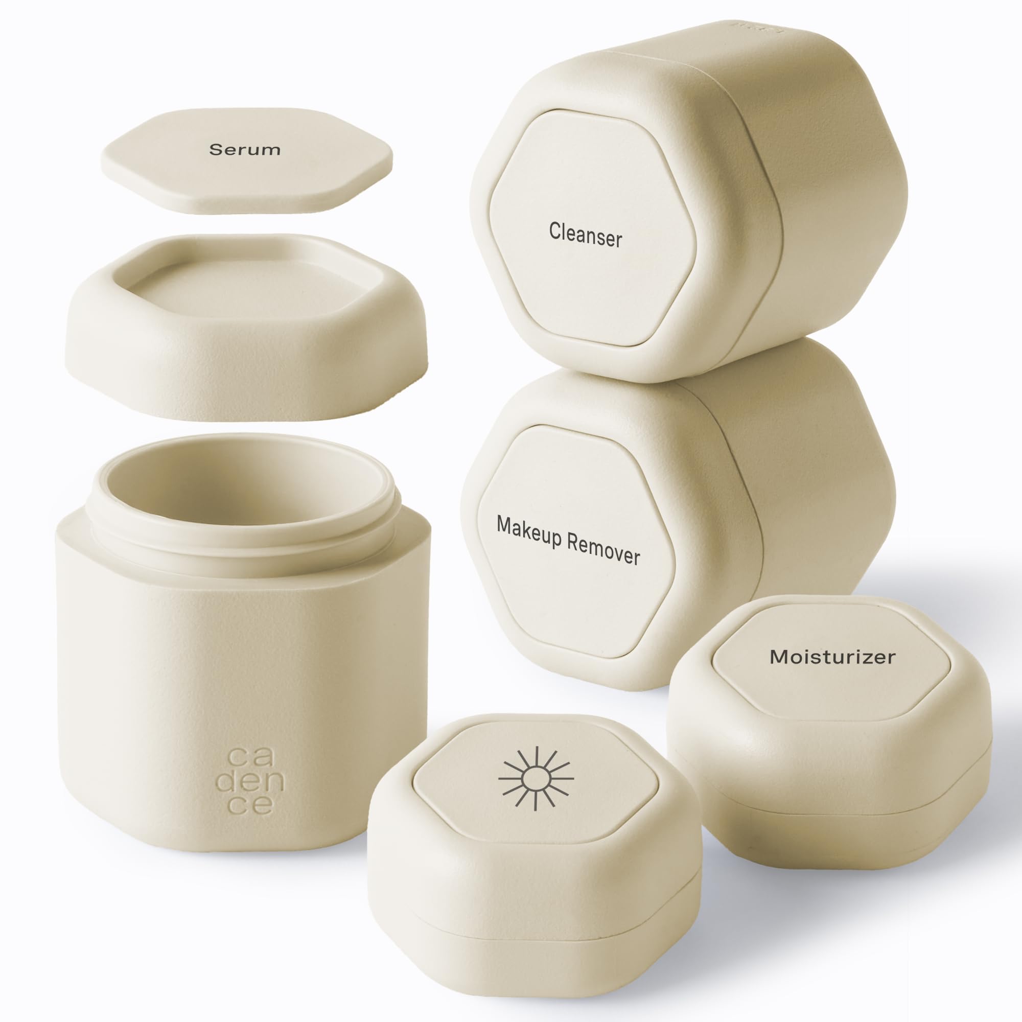 Cadence Reisebehälter – Core Hautpflege-Set – magnetische Behälter mit Deckel, 2 kleine (15,9 g) und 3 mittelgroße (37,4 g) – Reiniger, Feuchtigkeitscreme, Serum, Make-up-Entferner und