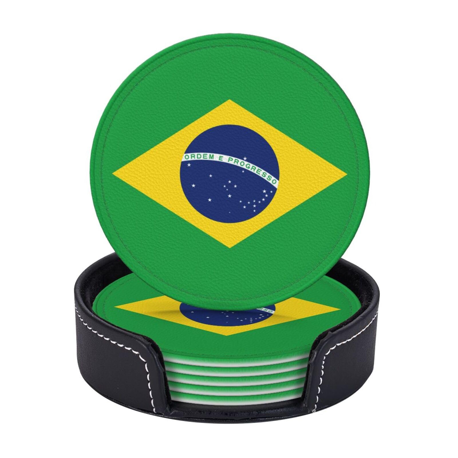 6 Pack Brazil Flag Leather Coaster with Holder for Drinks- Heat Resistant Non-Slip National Flag Funny Coasters for Wooden Table Coffee Bar Kitchen