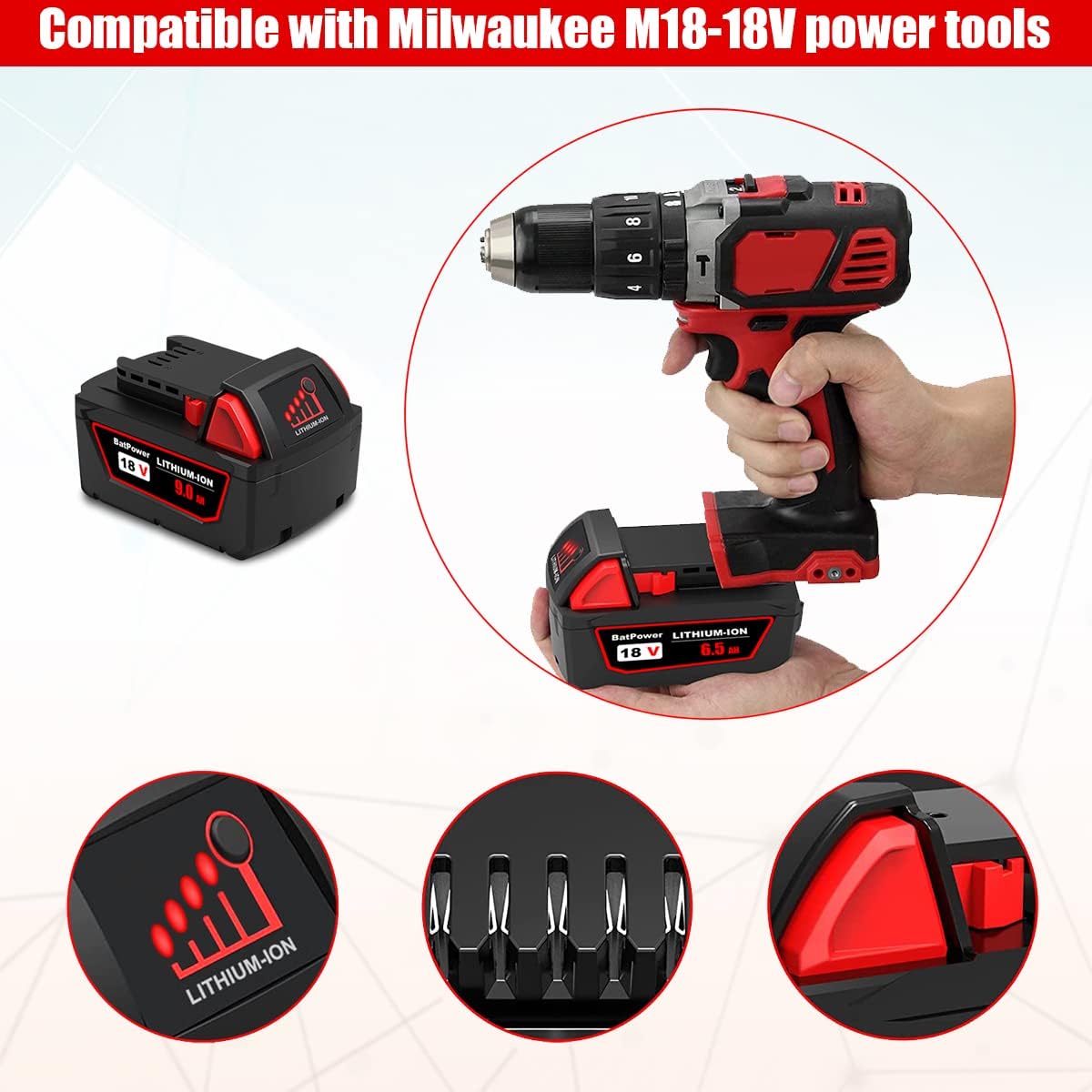 BatPower 9.0Ah 18V Battery Replacement Compatible with Milwaukee 18 Volt Lithium High Demand Tools, High Performance Battery Pack for Fuel Miter Saws, Saws and Hammer Drills (1-Pack)
