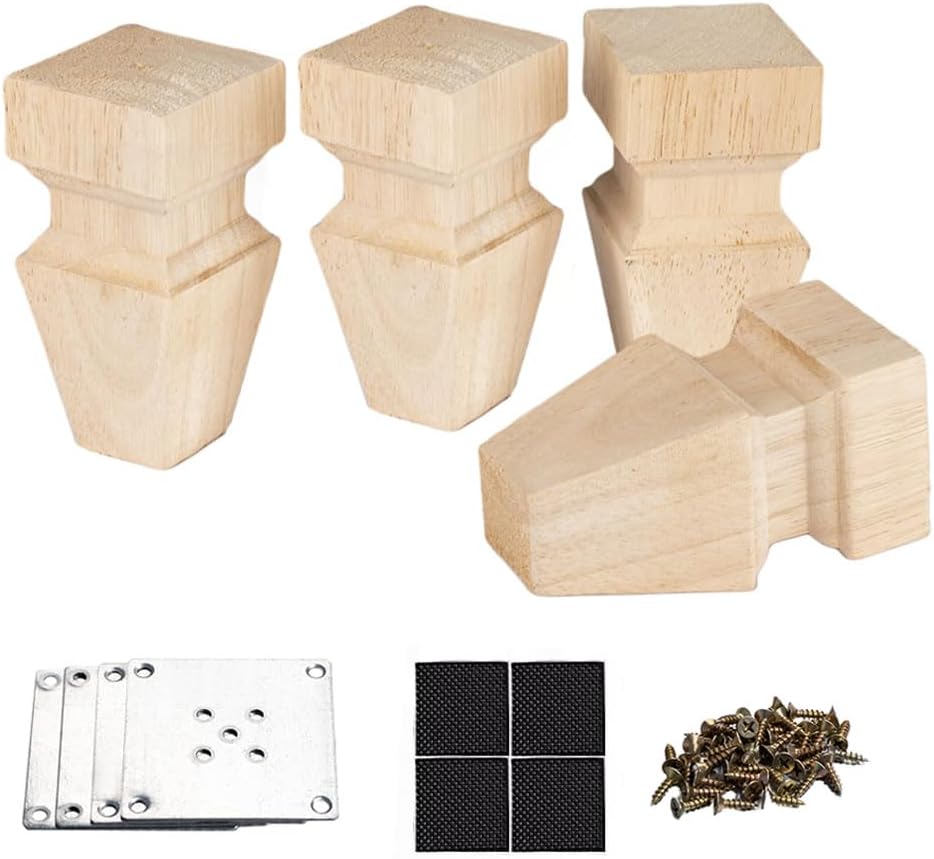 – 4.72 Inch/12 cm Wooden Furniture Legs with Mounting Plates Screws Set of 4 Solid Wood Unfinished Replacement Furniture Feet for Couch Cabinet Sofa Dresser TV Stand Bed Home DIY Projects