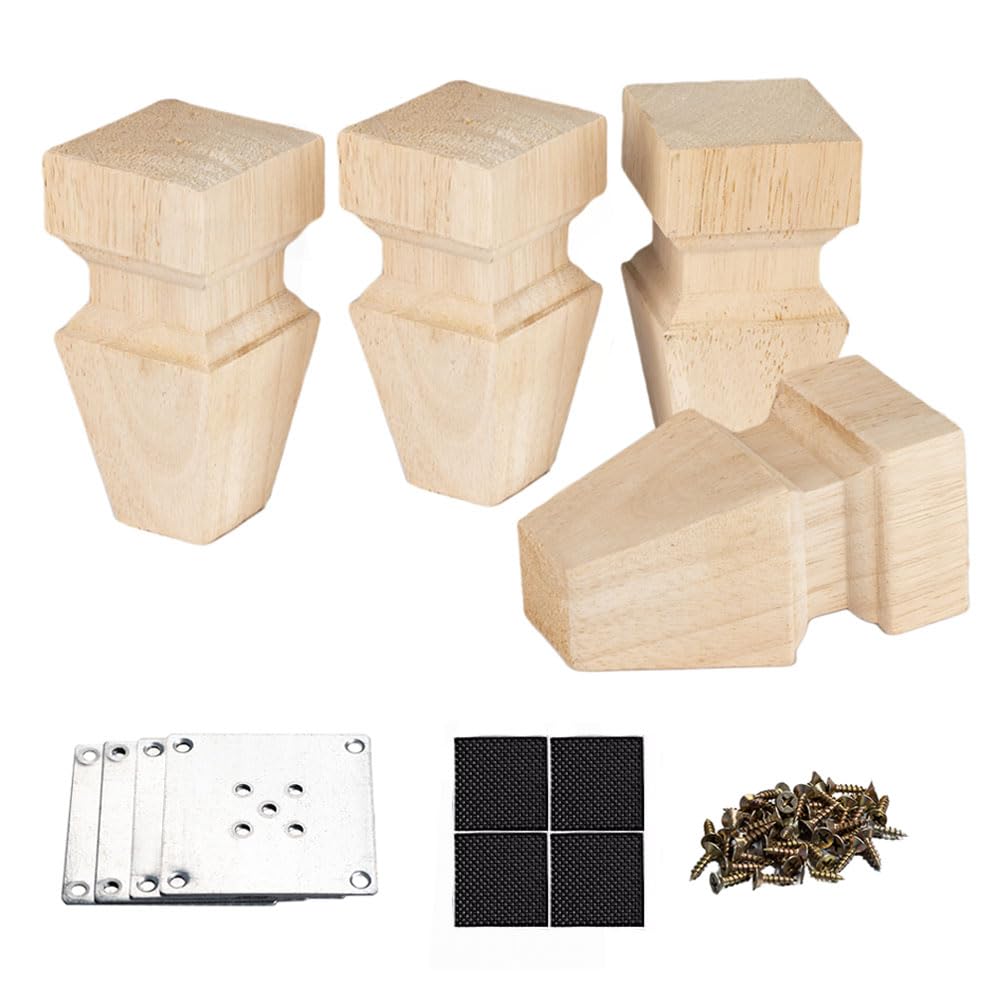 AiminjeyWooden Furniture Legs, 4.7in Solid Wood Unfinished Replacement Bun Feet Sofa Couch Chair Ottoman Loveseat Cabinet Legs Set of 4 (Type 1)