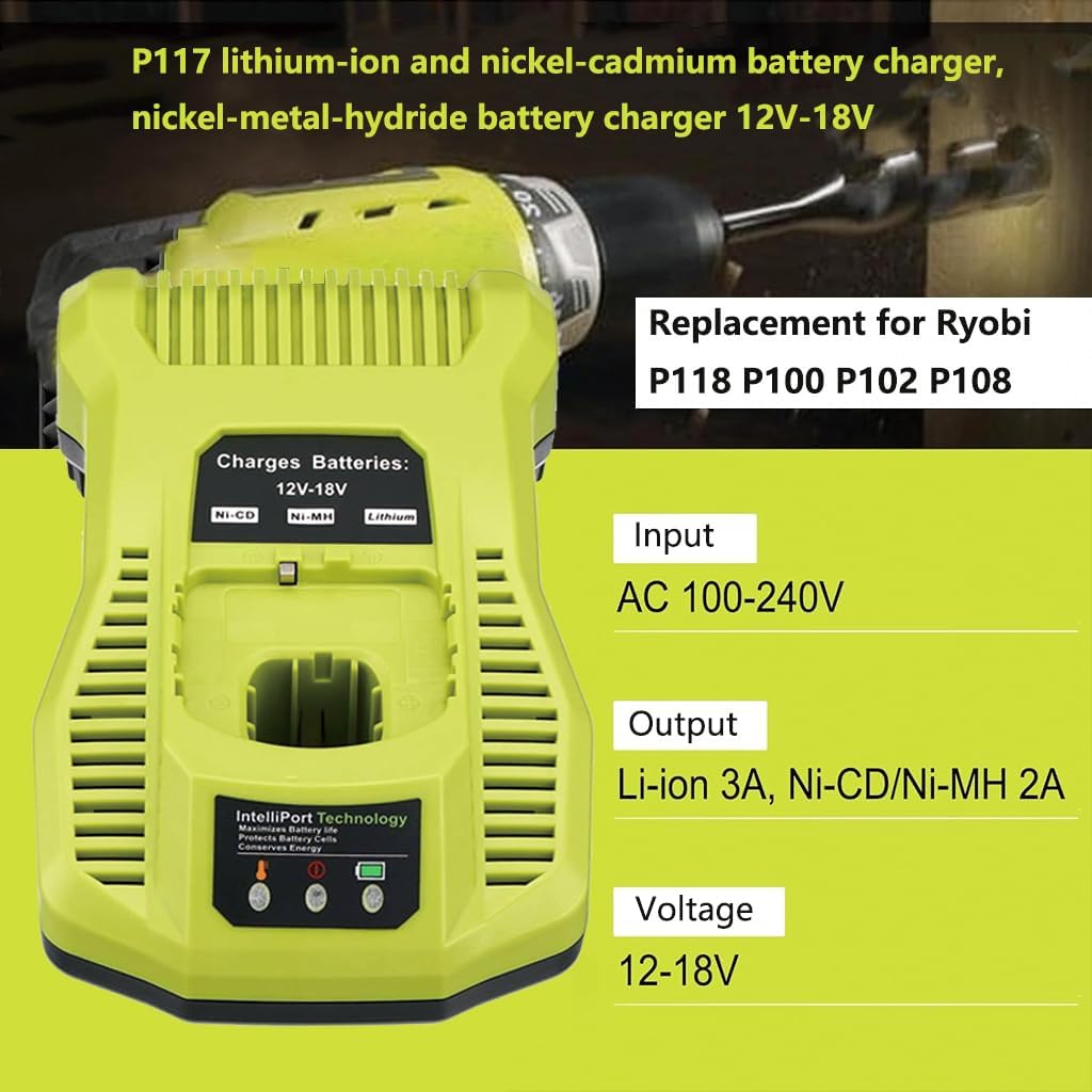 2Pack 4000mAh Battery Charger P108 Replacement for Ryobi 12V-18V ONE+ Lithium, NI-CD & NI-MH Battery and P117 Charger Combo CompatibleP102 P103 P104 P105 P107 P109 Cordless Tool