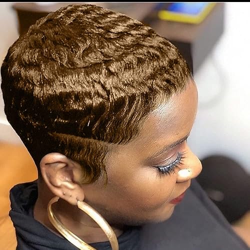 Miniatura 7 de MOONSHOW Peluca de corte Pixie marrón caoba, pelucas cortas para mujeres negras, peluca de cabello Pixie castaño castaño caoba natural, peinados