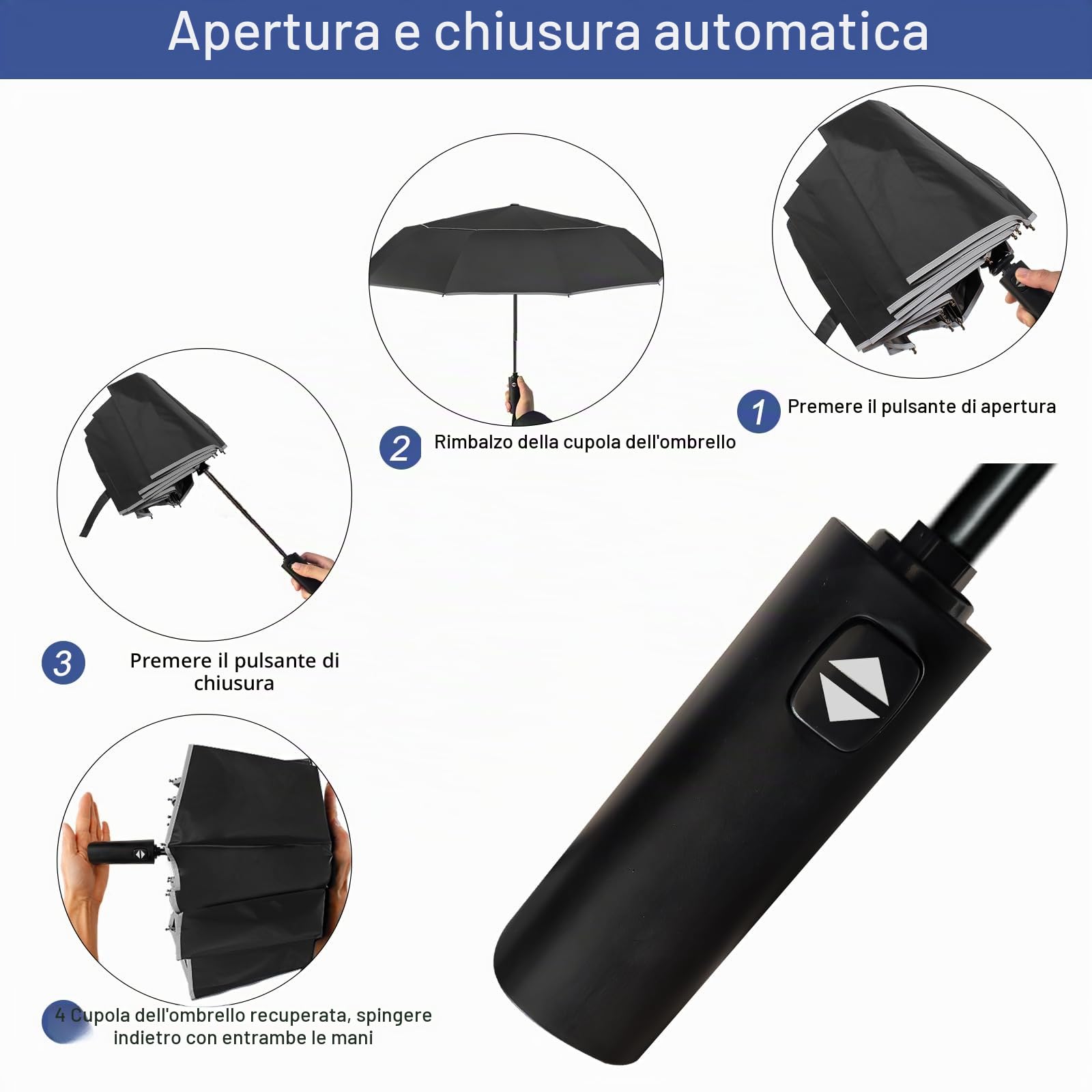 Satol Ombrello da Golf | Doppio Tetto & Ventilazione | Antitempesta & Apertura Automatica 62 Pollici | 10 Spine in Metallo per Massima Stabilità | Con Strisce Riflettenti (Nero con Bordo Grigio)