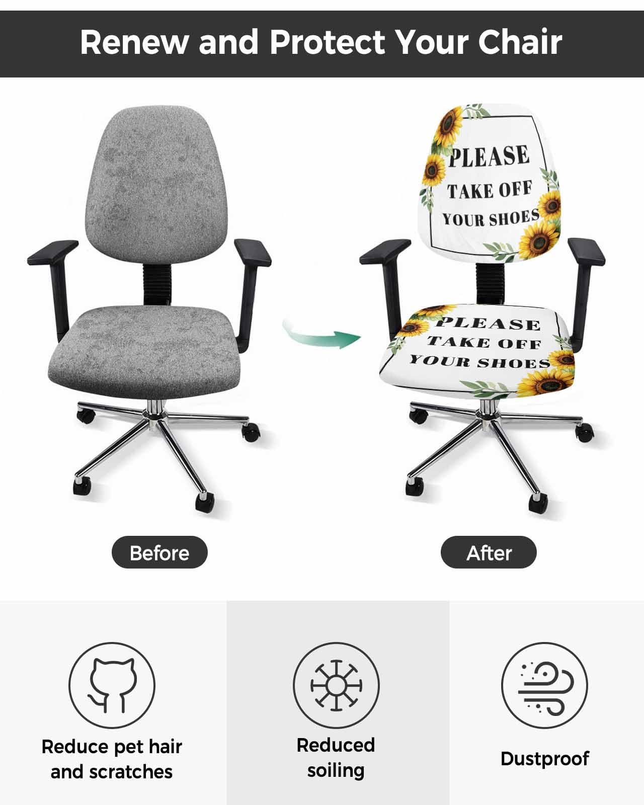 Sunflowers Letter 2 Pieces Computer Office Chair Covers Set,Stretchable Desk Rotating Chair Seat Cushion Slipcover Back Covers,Simple Summer Botanical Floral Beige Slipcover Back Cover Protector Cover