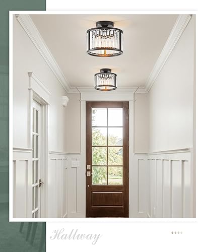 Miniatura 7 de Lámpara de techo negra empotrada, lámpara de cristal enjaulada de 2 luces, lámpara de pasillo de tambor pequeño, montaje de techo (8.6 pulgadas,