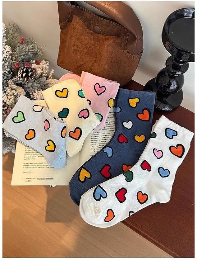 5 Pairs Women's Mid-Calf Socks with Heart Pattern,Casual Colorful Fun Novelty Fashion Patterned Socks, Versatile for Jeans, Dresses, Skirts Multicolor