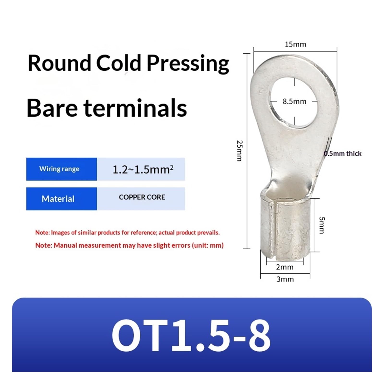 Capicorda per filo di rame Terminali a crimpare rotondi OT1.5/2.5/4-6/8/10mm Connettori a filo O capocorda Terminali pressati a freddo in ottone Morsettiera non isolata(OT1.5-8)