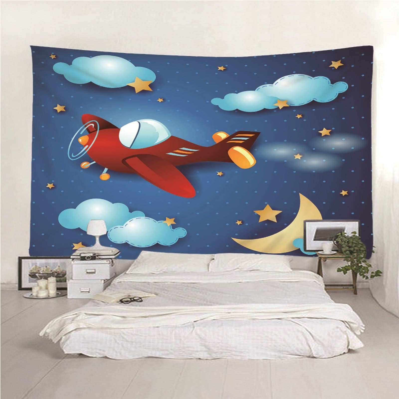 Tapices Navideños, Decoración para Pared Estrellas Lunares y Avión Poliéster Rojo Azul 150x130CM