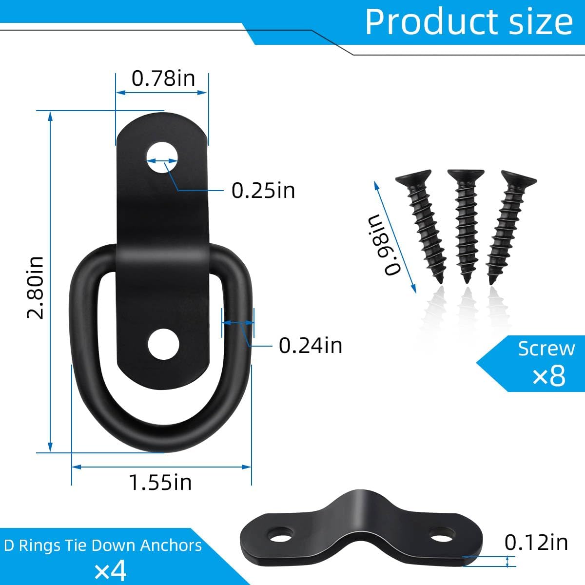 4 Pack D Rings Tie Down Anchors Heavy Duty Tie Down Hooks for Truck Bed Bracket Trailer Tie Downs D-Ring Anchor D Lashing Ring for Cargo Trailers Vans Trucks Rv Pickup Camper Surface Mount (Black)