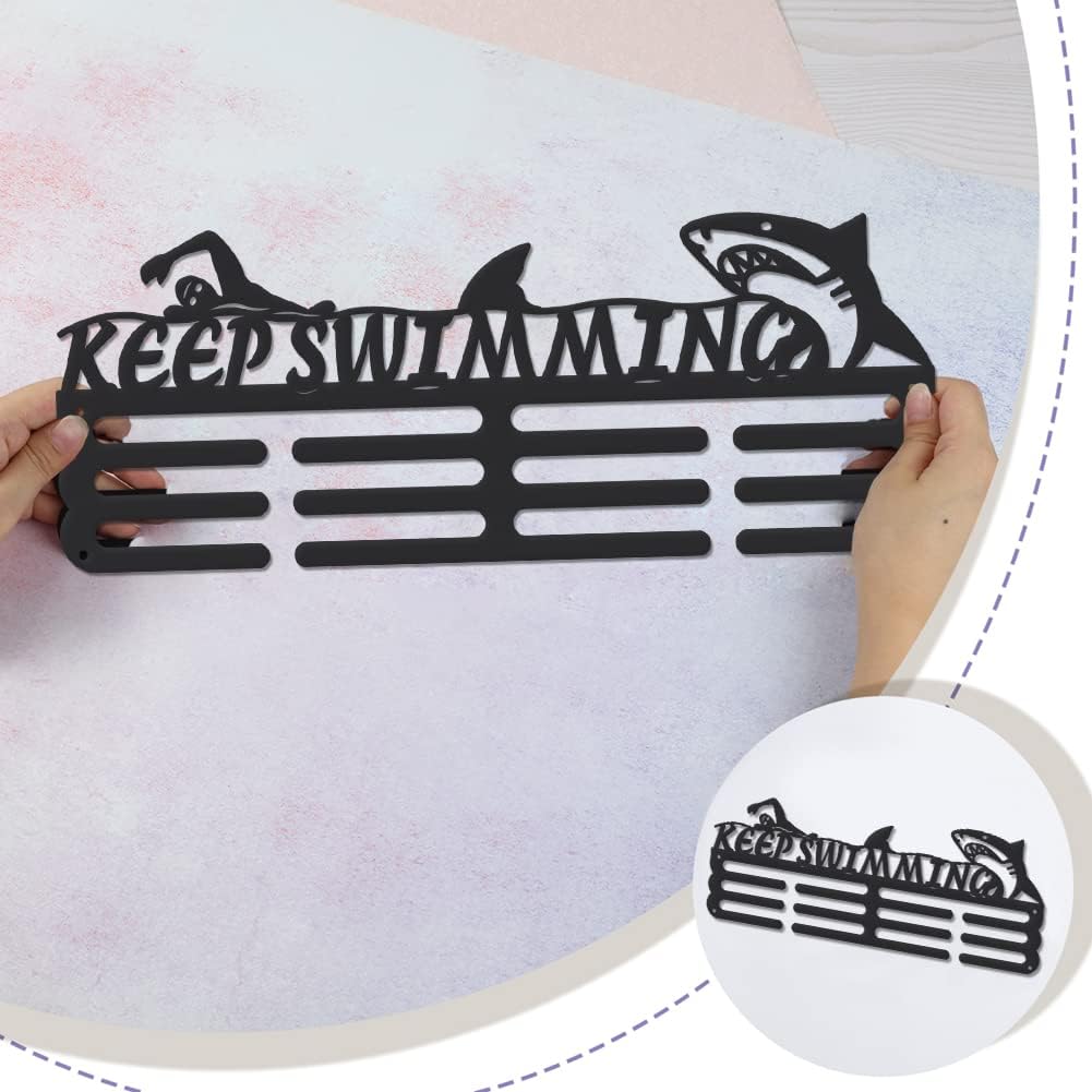 SUPERDANT Keep Swimming Medal Hanger Display Sharks Wall Mount Run Sports Medal Holder for Wall Medal Rack Race Metal Holder for Runner Iron Race Ribbon Award Organizer for Athletes