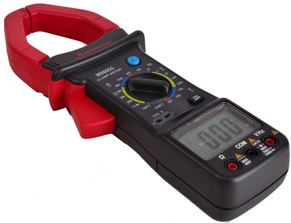 Angled view of Sinometer M9805G clamp meter with display off