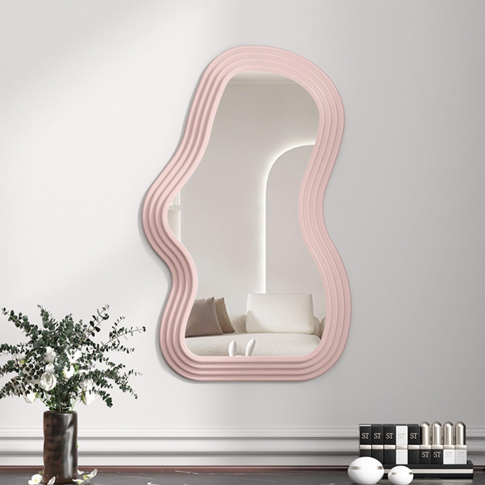 xixi-homeIrregular Wall Mirror,2023 New Wavy Mirror,Vanity Mirror with Hook Wall Mounted Mirror for Bedroom 26cm x 41cm,for Bathroom, Bedroom, Living Room,Washrooms (Pink 1)