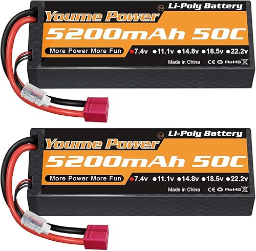Youme Power Batería Lipo 2S de 5200 mAh, 2 paquetes de 7.4 V RC Lipo Batería 50C Deans T Plug Estuche rígido para 18 110 RC Coche Camiones Vehículos