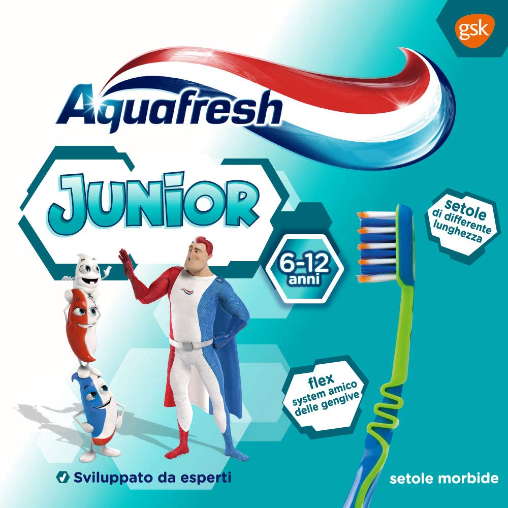 Aquafresh Junior, Brosse à dents pour enfants 6-12 ans, dents de lait et permanentes, poils doux, nettoyage efficace, cou flexible, lot de 12