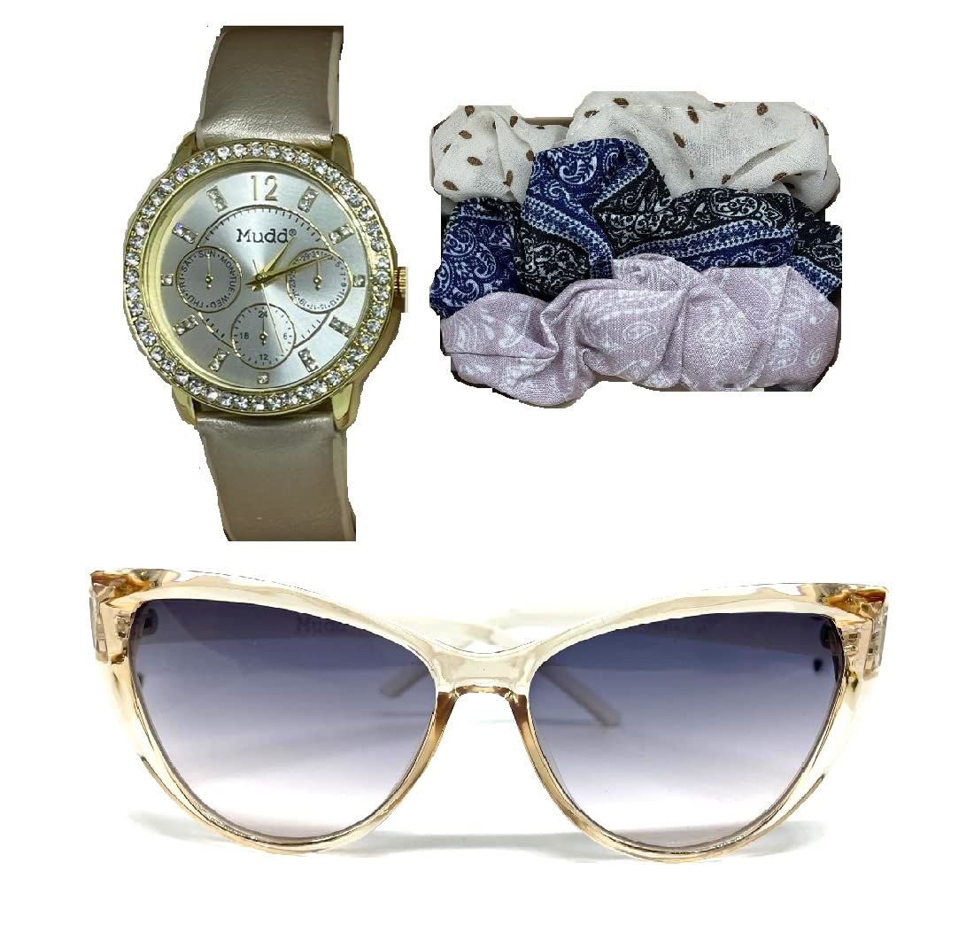 MUDDLadies Analog Gold Watch with Matching Sunglasses and Hair Accessories A0813G-42-B27