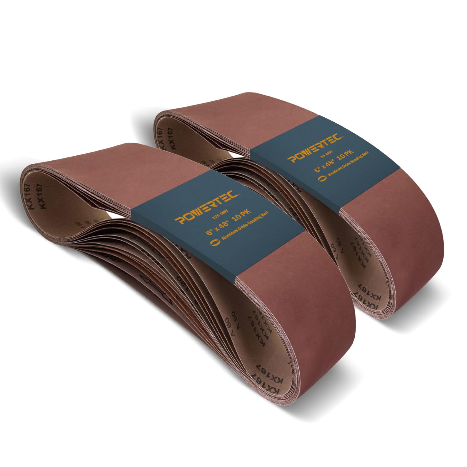 POWERTEC 6 x 48 Inch Sanding Belts, 80 & 120 Grit, Aluminum Oxide Belt Sander Sanding Belt for Bench Belt Sander, Wood & Paint Sanding, Metal Polishing, 10 Pack Each (110530 + 110210V)